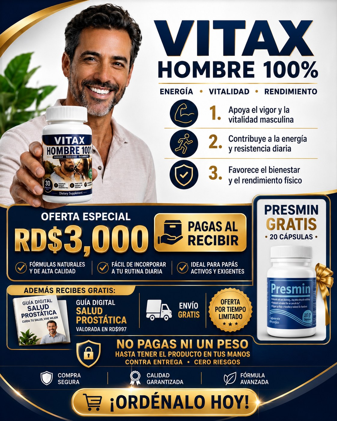 Vitax Hombre 100% con Presmin de 20 cápsulas y Guía Digital de Salud Prostática de regalo, RD$3,000